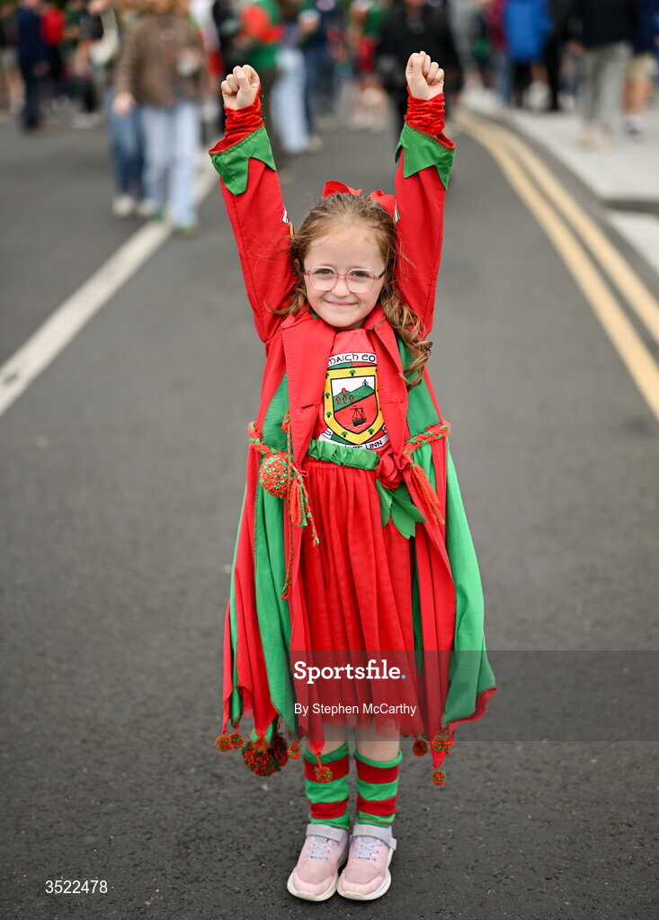 26 July 2026; Mayo supporter Willow Fitzmaurice, from Castlebar in Mayo, before the GAA Football All-Ireland Senior Championship final match between Kerry and Mayo at Croke Park in Dublin. Photo by Stephen McCarthy/Sportsfile