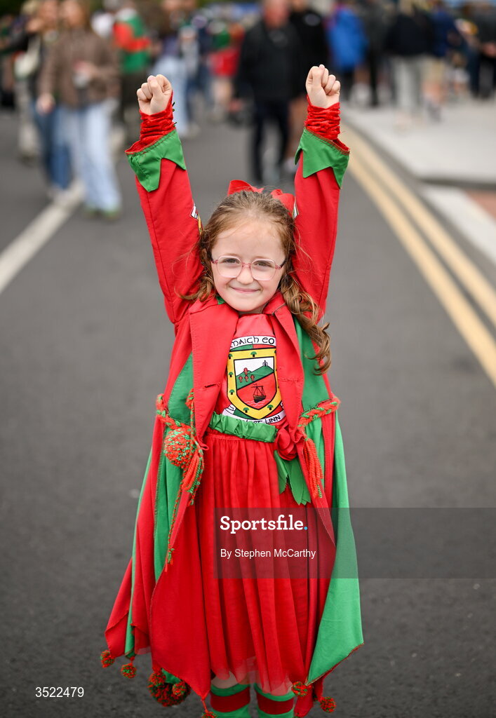 26 July 2026; Mayo supporter Willow Fitzmaurice, from Castlebar in Mayo, before the GAA Football All-Ireland Senior Championship final match between Kerry and Mayo at Croke Park in Dublin. Photo by Stephen McCarthy/Sportsfile