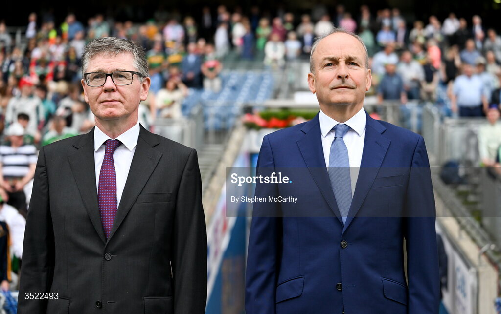 26 July 2026; Ard Stiúrthóir of the GAA Tom Ryan, left, and An Taoiseach Micheál Martin TD before the GAA Football All-Ireland Senior Championship final match between Kerry and Mayo at Croke Park in Dublin. Photo by Stephen McCarthy/Sportsfile