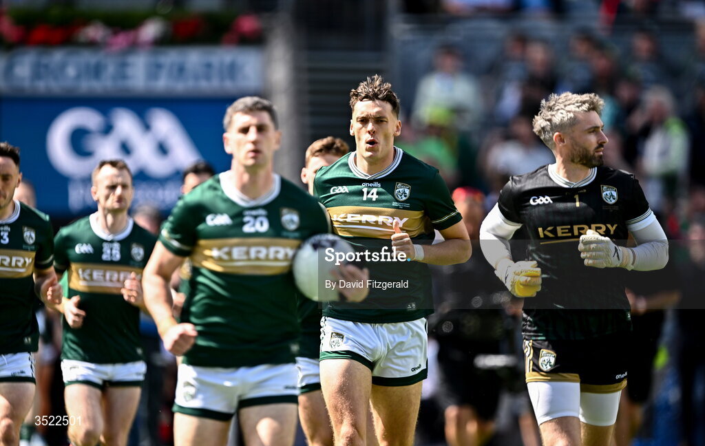 26 July 2026; Kerry players, including David Clifford, centre, run out onto the pitch ahead of the GAA Football All-Ireland Senior Championship final match between Kerry and Mayo at Croke Park in Dublin. Photo by David Fitzgerald/Sportsfile