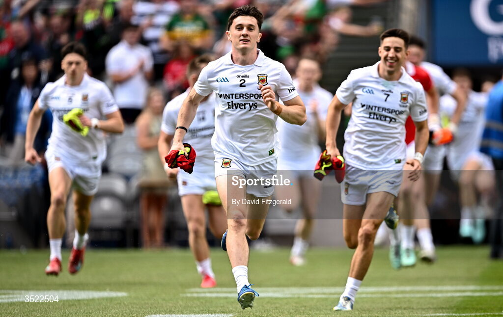 26 July 2026; Mayo players, including Jack Coyne, centre, before the GAA Football All-Ireland Senior Championship final match between Kerry and Mayo at Croke Park in Dublin. Photo by David Fitzgerald/Sportsfile
