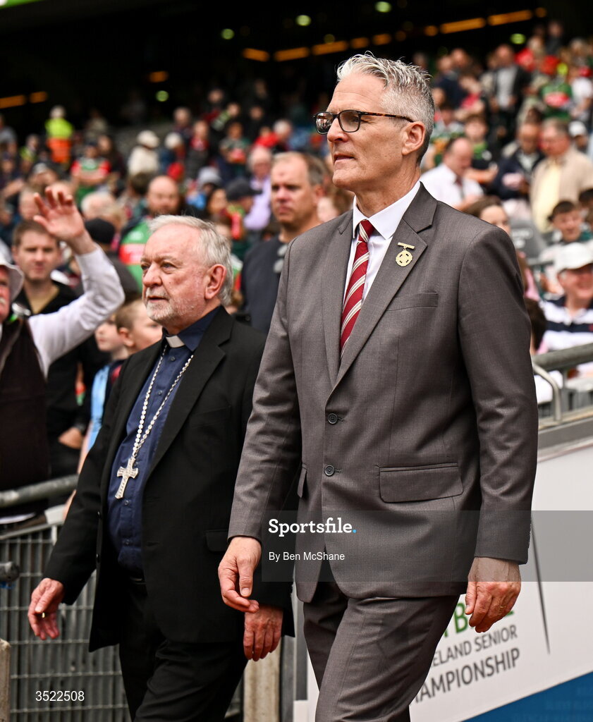 26 July 2026; Uachtarán Chumann Lúthchleas Gael Jarlath Burns, right, and Patron of the GAA and Bishop of Cashel and Emly Kieran O'Reilly before the GAA Football All-Ireland Senior Championship final match between Kerry and Mayo at Croke Park in Dublin. Photo by Ben McShane/Sportsfile
