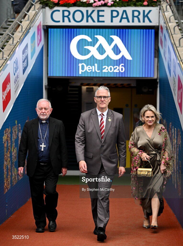 26 July 2026; Uachtarán Chumann Lúthchleas Gael Jarlath Burns, centre, with his wife Suzanne, right, and Patron of the GAA and Bishop of Cashel and Emly Kieran O'Reilly before the GAA Football All-Ireland Senior Championship final match between Kerry and Mayo at Croke Park in Dublin. Photo by Stephen McCarthy/Sportsfile