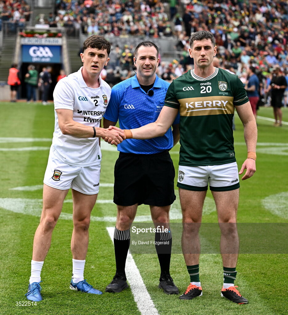 26 July 2026; Referee Martin McNally, centre, is joined by Jack Coyne of Mayo, left, and Paul Geaney of Kerry before the GAA Football All-Ireland Senior Championship final match between Kerry and Mayo at Croke Park in Dublin. Photo by David Fitzgerald/Sportsfile