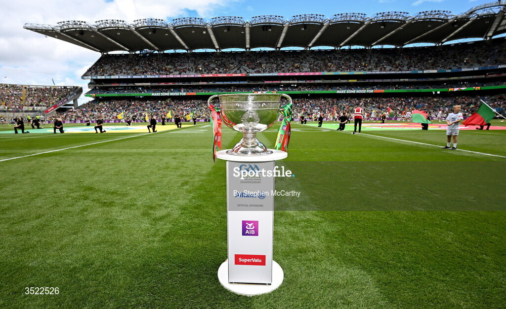 26 July 2026; The Sam Maguire Cup is seen before the GAA Football All-Ireland Senior Championship final match between Kerry and Mayo at Croke Park in Dublin. Photo by Stephen McCarthy/Sportsfile