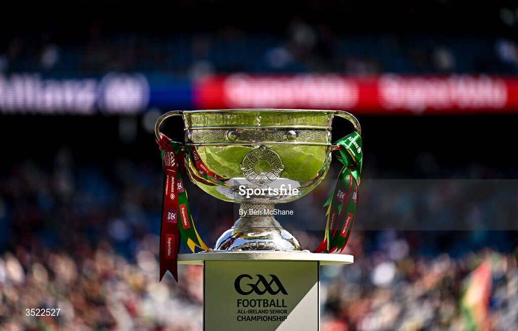 26 July 2026; The Sam Maguire Cup is seen before the GAA Football All-Ireland Senior Championship final match between Kerry and Mayo at Croke Park in Dublin. Photo by Ben McShane/Sportsfile