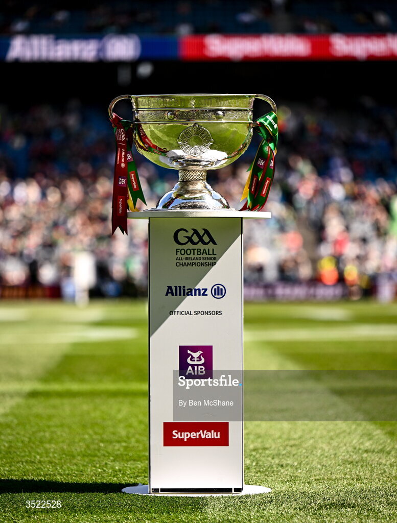 26 July 2026; The Sam Maguire Cup is seen before the GAA Football All-Ireland Senior Championship final match between Kerry and Mayo at Croke Park in Dublin. Photo by Ben McShane/Sportsfile
