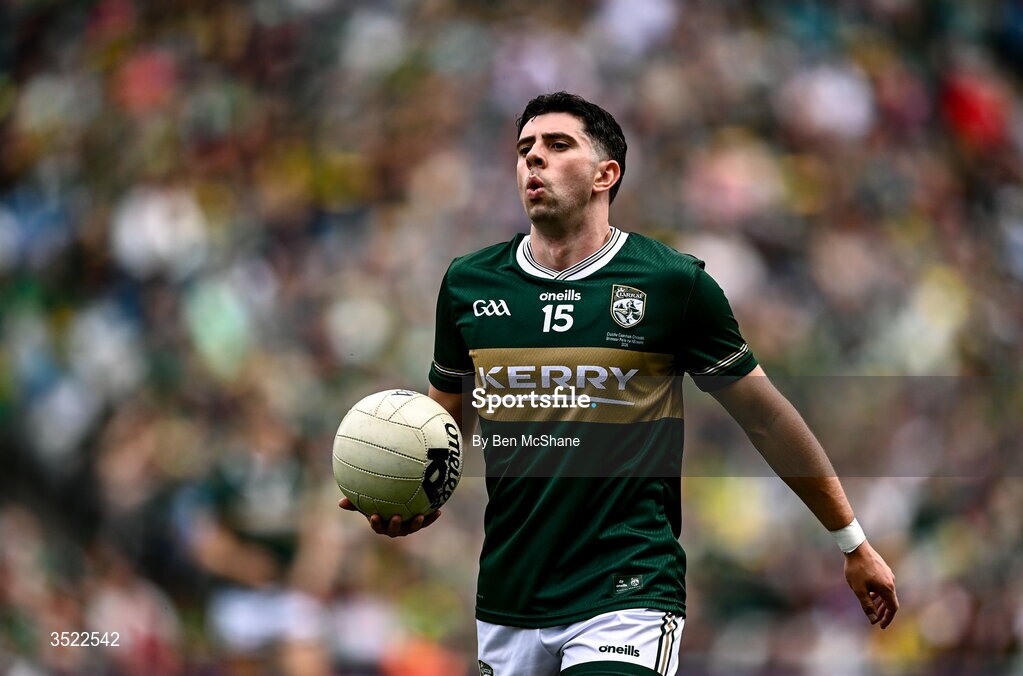 26 July 2026; Dylan Geaney of Kerry warms-up before the GAA Football All-Ireland Senior Championship final match between Kerry and Mayo at Croke Park in Dublin. Photo by Ben McShane/Sportsfile