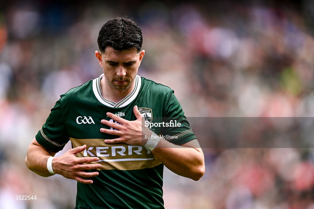 26 July 2026; Dylan Geaney of Kerry warms-up before the GAA Football All-Ireland Senior Championship final match between Kerry and Mayo at Croke Park in Dublin. Photo by Ben McShane/Sportsfile