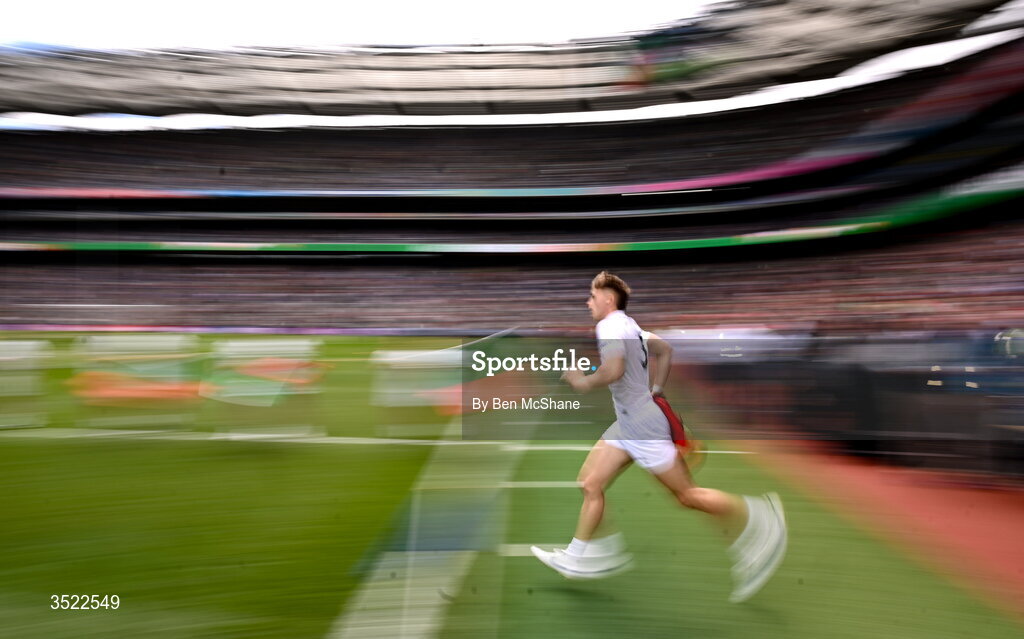 26 July 2026; Kobe McDonald of Mayo run out ahead of the GAA Football All-Ireland Senior Championship final match between Kerry and Mayo at Croke Park in Dublin. Photo by Ben McShane/Sportsfile
