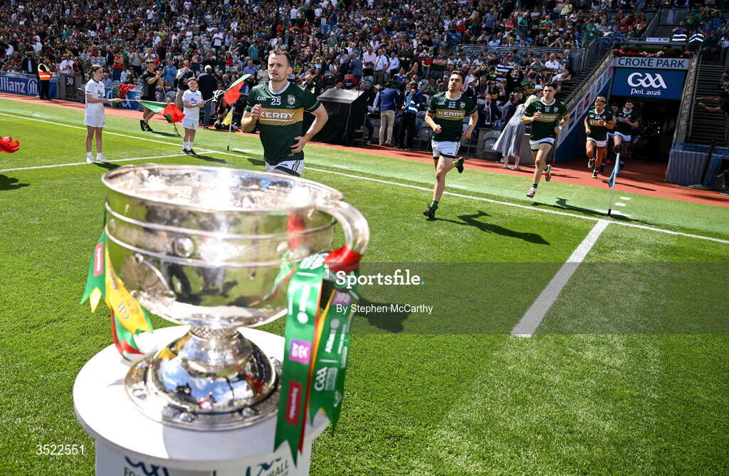 26 July 2026; Kerry players, including Tom O'Sullivan, centre, run past the Sam Maguire Cup ahead of the GAA Football All-Ireland Senior Championship final match between Kerry and Mayo at Croke Park in Dublin. Photo by Stephen McCarthy/Sportsfile