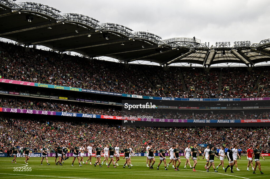 26 July 2026; Kerry players and Mayo players march in the parade ahead of the GAA Football All-Ireland Senior Championship final match between Kerry and Mayo at Croke Park in Dublin. Photo by Ben McShane/Sportsfile