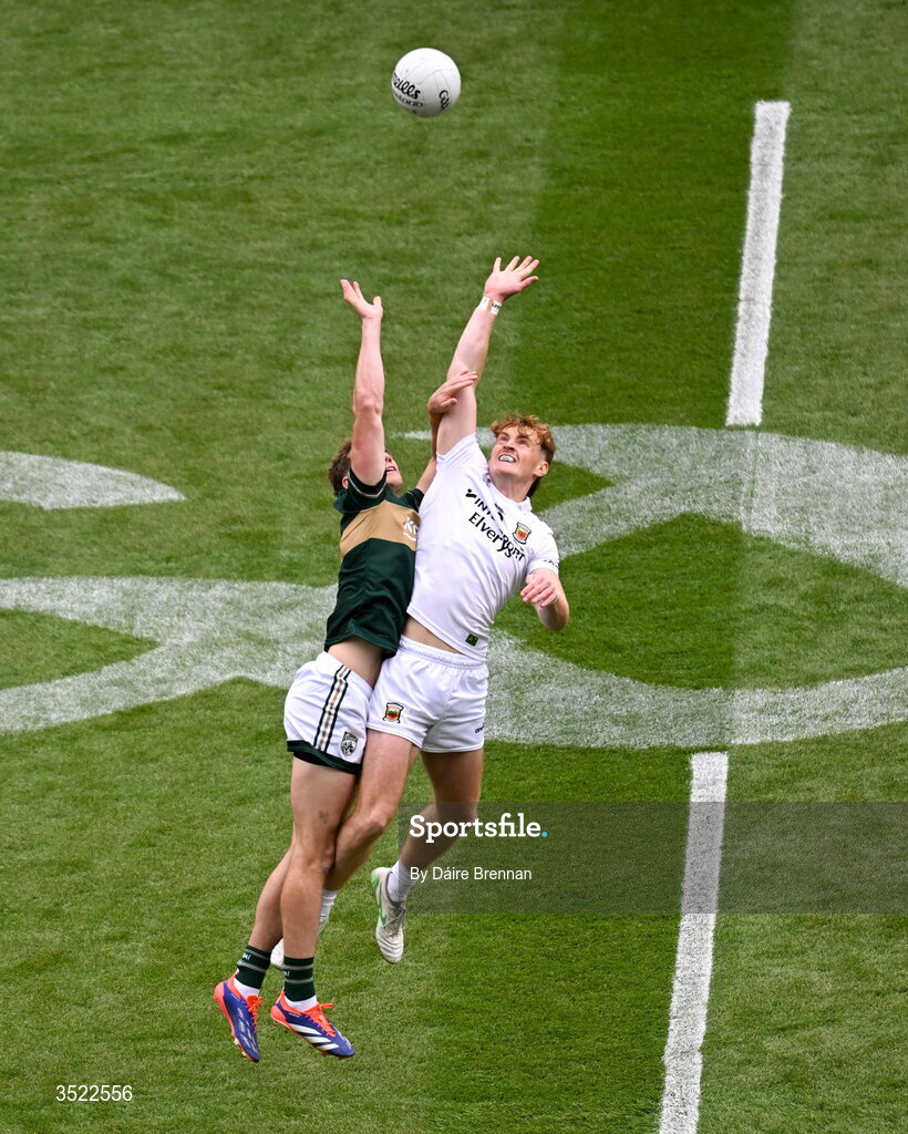 26 July 2026; Mark O'Shea of Kerry in action against Jack Carney of Mayo during the GAA Football All-Ireland Senior Championship final match between Kerry and Mayo at Croke Park in Dublin. Photo by Dáire Brennan/Sportsfile