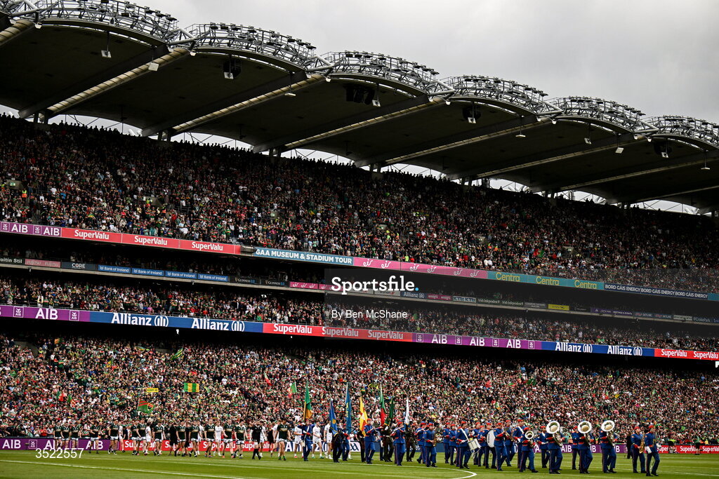 26 July 2026; Kerry players and Mayo players march in the parade ahead of the GAA Football All-Ireland Senior Championship final match between Kerry and Mayo at Croke Park in Dublin. Photo by Ben McShane/Sportsfile