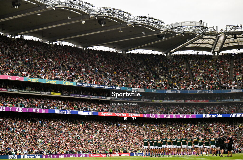 26 July 2026; Kerry players stand for the playing of Amhrán na bhFiann ahead of the GAA Football All-Ireland Senior Championship final match between Kerry and Mayo at Croke Park in Dublin. Photo by Ben McShane/Sportsfile