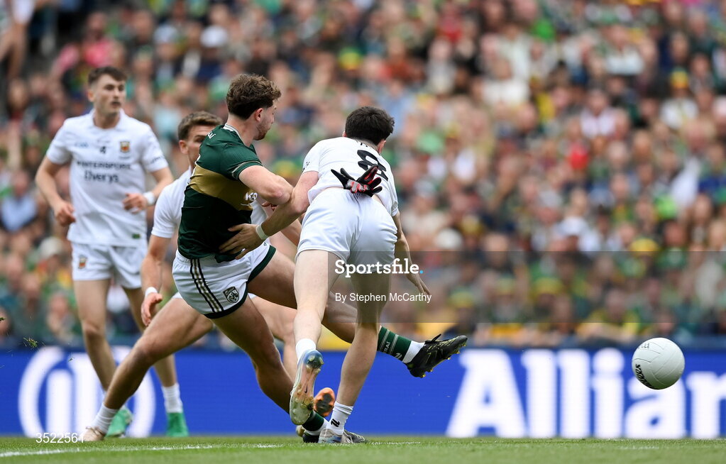 26 July 2026; Seán O'Brien of Kerry has a shot on goal during the GAA Football All-Ireland Senior Championship final match between Kerry and Mayo at Croke Park in Dublin. Photo by Stephen McCarthy/Sportsfile