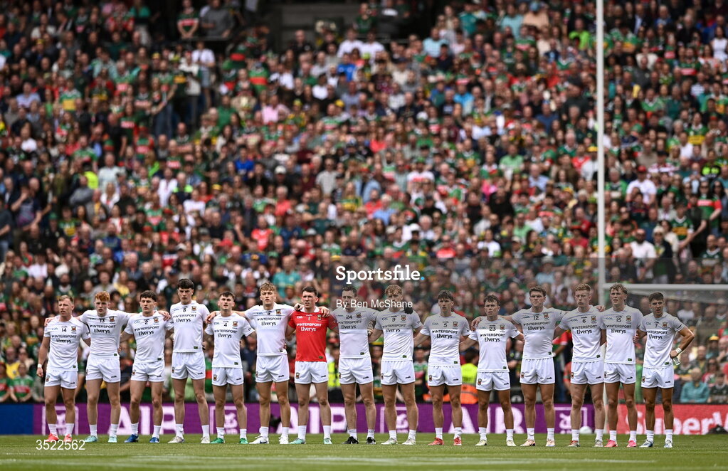 26 July 2026; Mayo players stand for the playing of Amhrán na bhFiann ahead of the GAA Football All-Ireland Senior Championship final match between Kerry and Mayo at Croke Park in Dublin. Photo by Ben McShane/Sportsfile