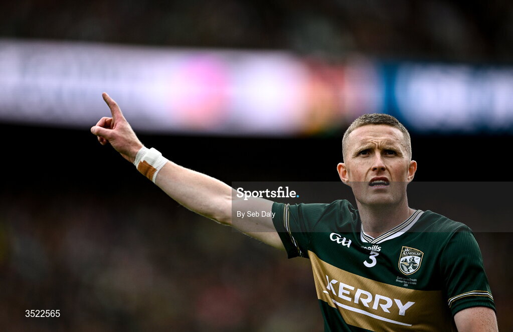 26 July 2026; Jason Foley of Kerry celebrates his team scoring a point during the GAA Football All-Ireland Senior Championship final match between Kerry and Mayo at Croke Park in Dublin. Photo by Seb Daly/Sportsfile