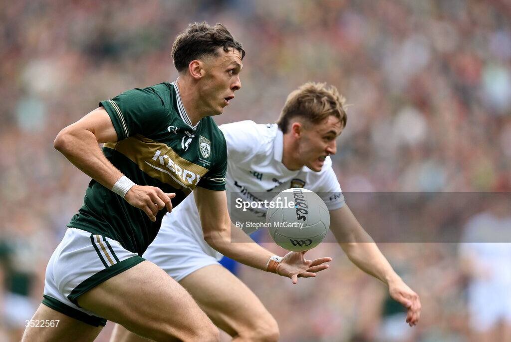 26 July 2026; David Clifford of Kerry in action against Donnacha McHugh of Mayo during the GAA Football All-Ireland Senior Championship final match between Kerry and Mayo at Croke Park in Dublin. Photo by Stephen McCarthy/Sportsfile