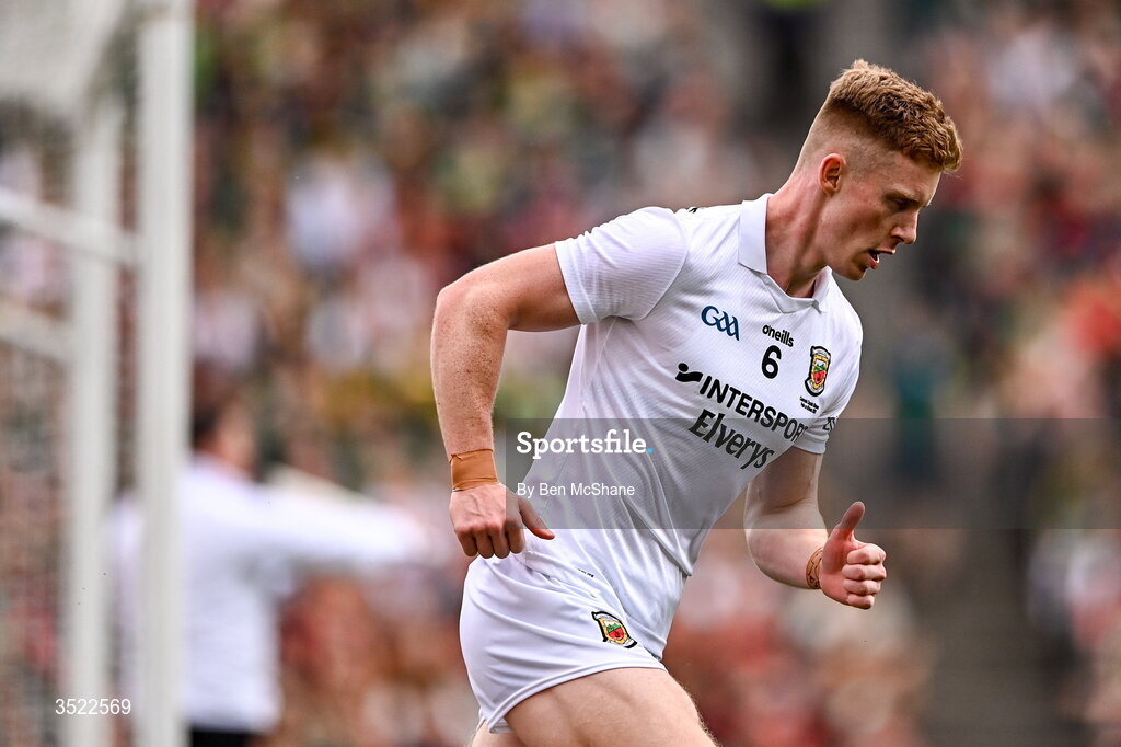 26 July 2026; David McBrien of Mayo after scoring his side's first point during the GAA Football All-Ireland Senior Championship final match between Kerry and Mayo at Croke Park in Dublin. Photo by Ben McShane/Sportsfile