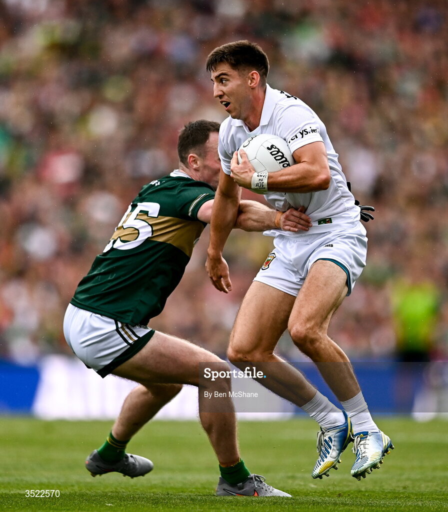 26 July 2026; Enda Hession of Mayo in action against Tom O'Sullivan of Kerry during the GAA Football All-Ireland Senior Championship final match between Kerry and Mayo at Croke Park in Dublin. Photo by Ben McShane/Sportsfile
