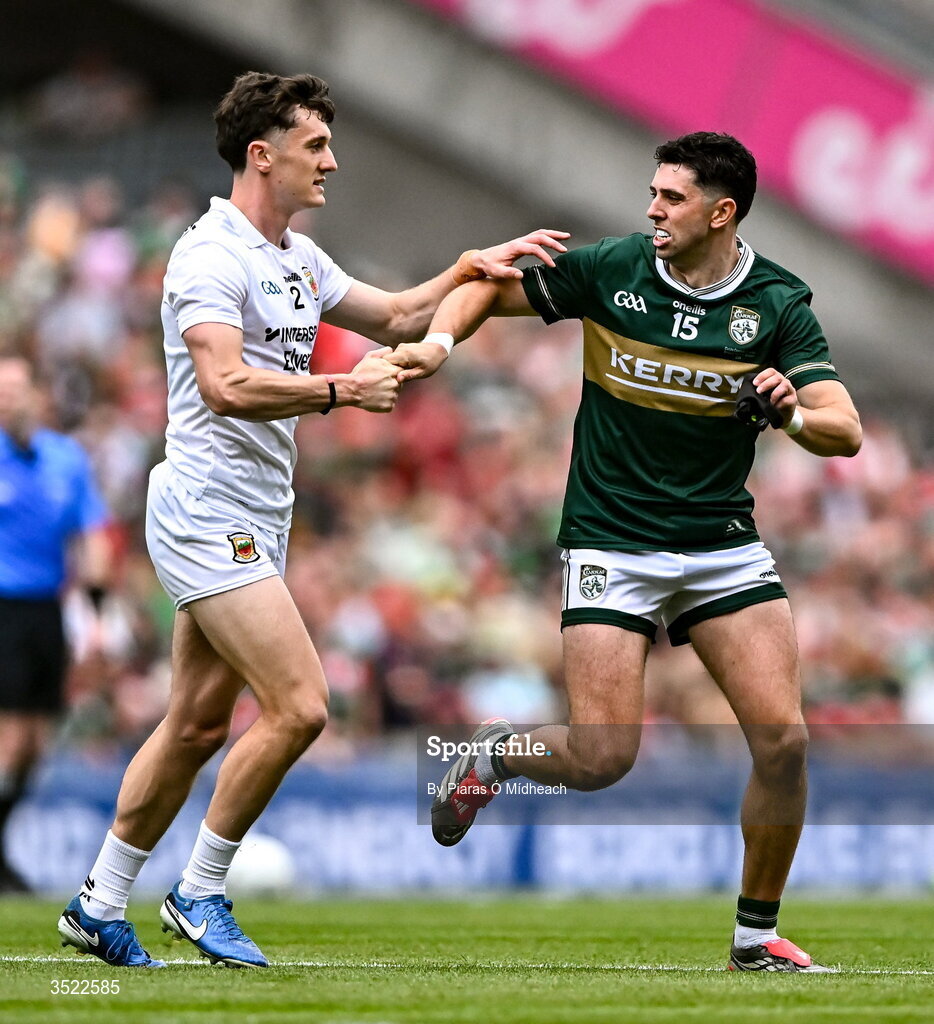 26 July 2026; Jack Coyne of Mayo, left, and Dylan Geaney of Kerry tussle during the GAA Football All-Ireland Senior Championship final match between Kerry and Mayo at Croke Park in Dublin. Photo by Piaras Ó Mídheach/Sportsfile