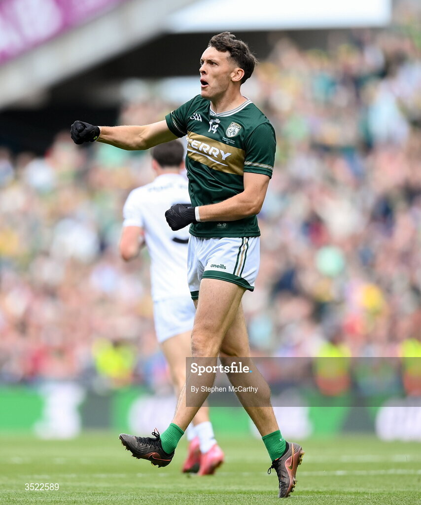 26 July 2026; David Clifford of Kerry scores his side's first goal during the GAA Football All-Ireland Senior Championship final match between Kerry and Mayo at Croke Park in Dublin. Photo by Stephen McCarthy/Sportsfile