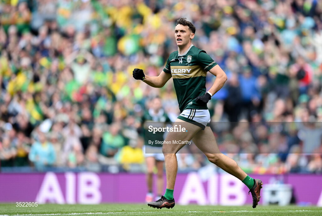 26 July 2026; David Clifford of Kerry celebrates scoring his side's first goal during the GAA Football All-Ireland Senior Championship final match between Kerry and Mayo at Croke Park in Dublin. Photo by Stephen McCarthy/Sportsfile