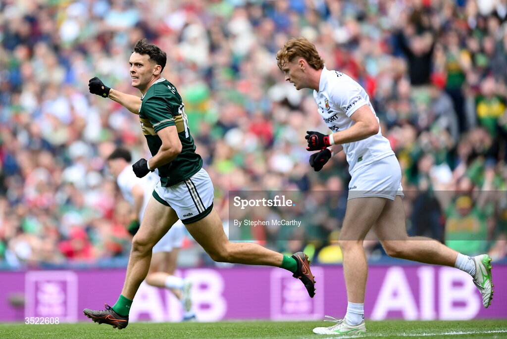 26 July 2026; David Clifford of Kerry scores his side's first goal during the GAA Football All-Ireland Senior Championship final match between Kerry and Mayo at Croke Park in Dublin. Photo by Stephen McCarthy/Sportsfile