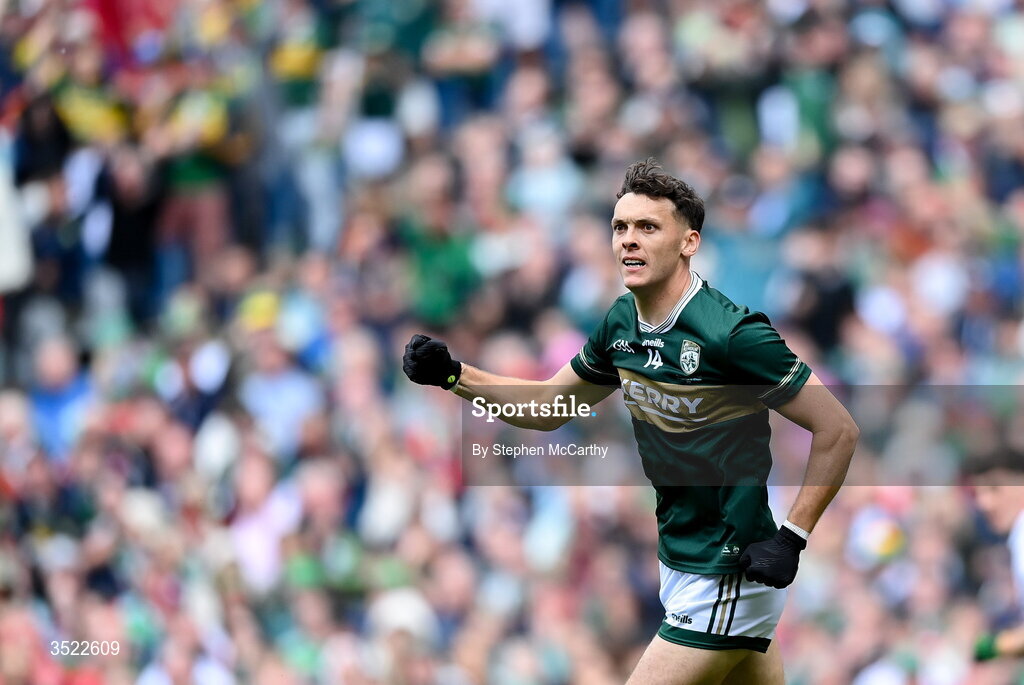 26 July 2026; David Clifford of Kerry scores his side's first goal during the GAA Football All-Ireland Senior Championship final match between Kerry and Mayo at Croke Park in Dublin. Photo by Stephen McCarthy/Sportsfile