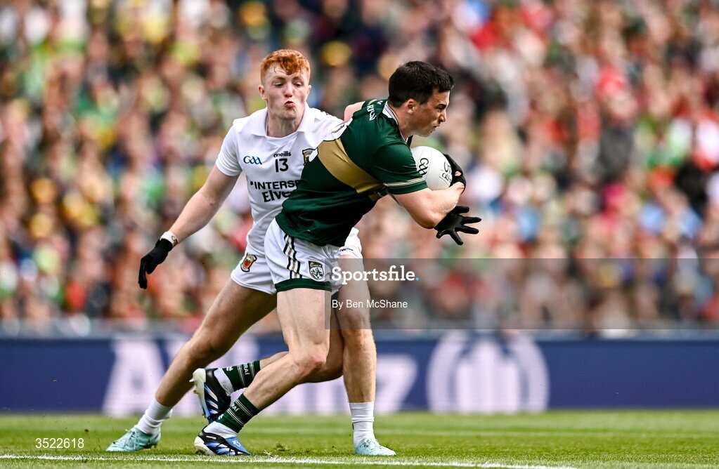 26 July 2026; Paul Murphy of Kerry in action against Darragh Beirne of Mayo during the GAA Football All-Ireland Senior Championship final match between Kerry and Mayo at Croke Park in Dublin. Photo by Ben McShane/Sportsfile