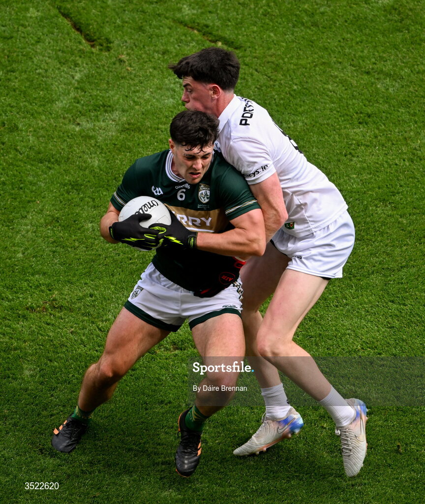 26 July 2026; Mike Breen of Kerry in action against Bob Tuohy of Mayo during the GAA Football All-Ireland Senior Championship final match between Kerry and Mayo at Croke Park in Dublin. Photo by Dáire Brennan/Sportsfile