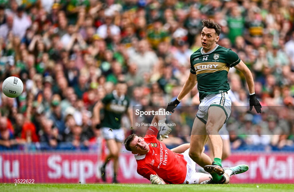 26 July 2026; David Clifford of Kerry shoots to score his side's first goal during the GAA Football All-Ireland Senior Championship final match between Kerry and Mayo at Croke Park in Dublin. Photo by Piaras Ó Mídheach/Sportsfile