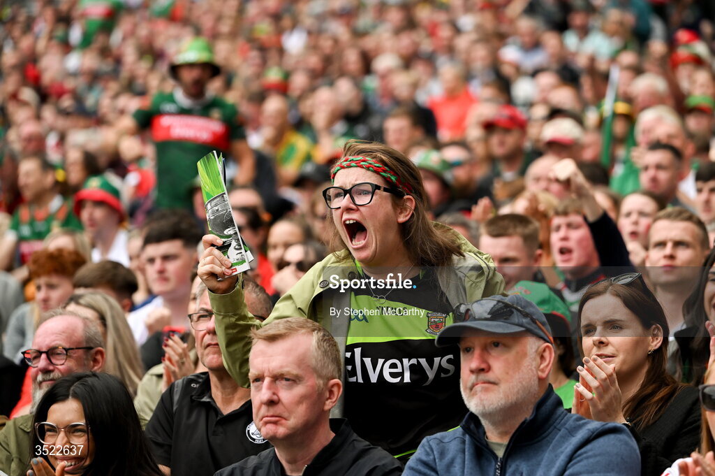 26 July 2026; A Mayo supporter reacts during the GAA Football All-Ireland Senior Championship final match between Kerry and Mayo at Croke Park in Dublin. Photo by Stephen McCarthy/Sportsfile
