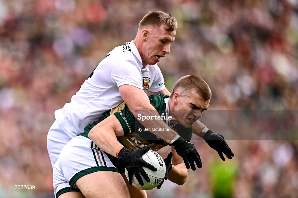 26 July 2026; Dylan Casey of Kerry is tackled by Ryan O'Donoghue of Mayo during the GAA Football All-Ireland Senior Championship final match between Kerry and Mayo at Croke Park in Dublin. Photo by Ben McShane/Sportsfile