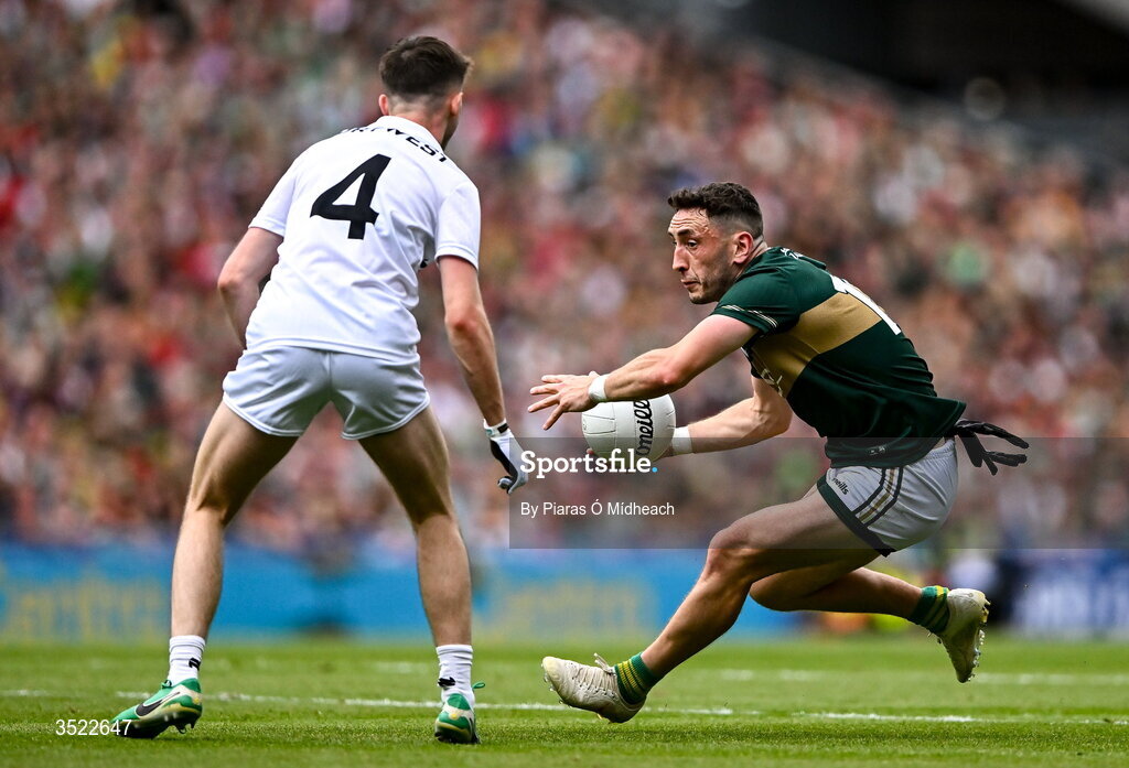 26 July 2026; Paudie Clifford of Kerry in action against Eoin McGreal of Mayo during the GAA Football All-Ireland Senior Championship final match between Kerry and Mayo at Croke Park in Dublin. Photo by Piaras Ó Mídheach/Sportsfile