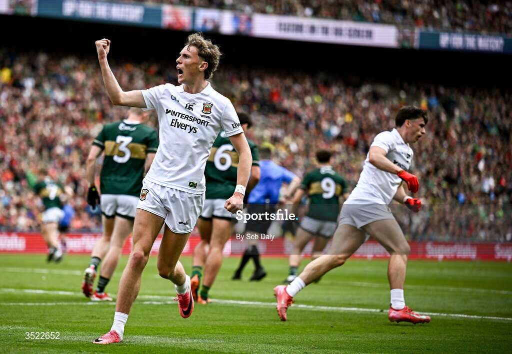 26 July 2026; Kobe McDonald of Mayo celebrates during the GAA Football All-Ireland Senior Championship final match between Kerry and Mayo at Croke Park in Dublin. Photo by Seb Daly/Sportsfile
