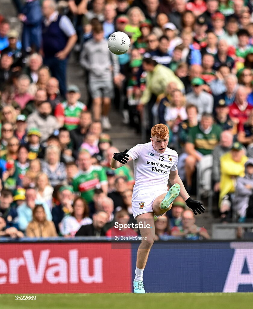 26 July 2026; Jack Carney of Mayo kicks a free during the GAA Football All-Ireland Senior Championship final match between Kerry and Mayo at Croke Park in Dublin. Photo by Ben McShane/Sportsfile