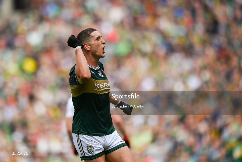 26 July 2026; Joe O'Connor of Kerry celebrates a score during the GAA Football All-Ireland Senior Championship final match between Kerry and Mayo at Croke Park in Dublin. Photo by Stephen McCarthy/Sportsfile