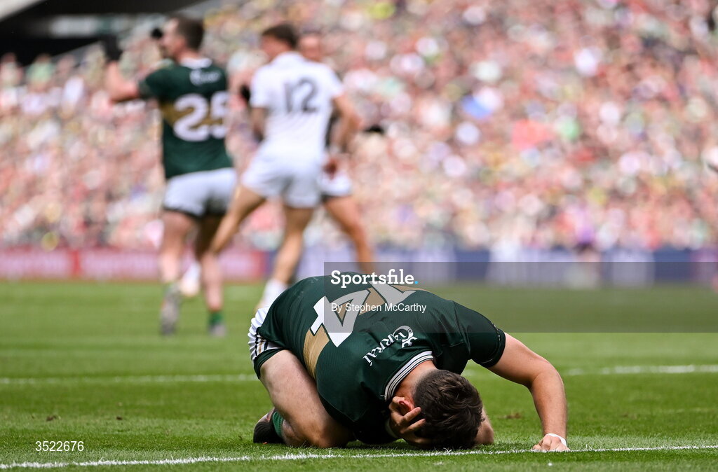 26 July 2026; David Clifford of Kerry goes down with an injury during the GAA Football All-Ireland Senior Championship final match between Kerry and Mayo at Croke Park in Dublin. Photo by Stephen McCarthy/Sportsfile