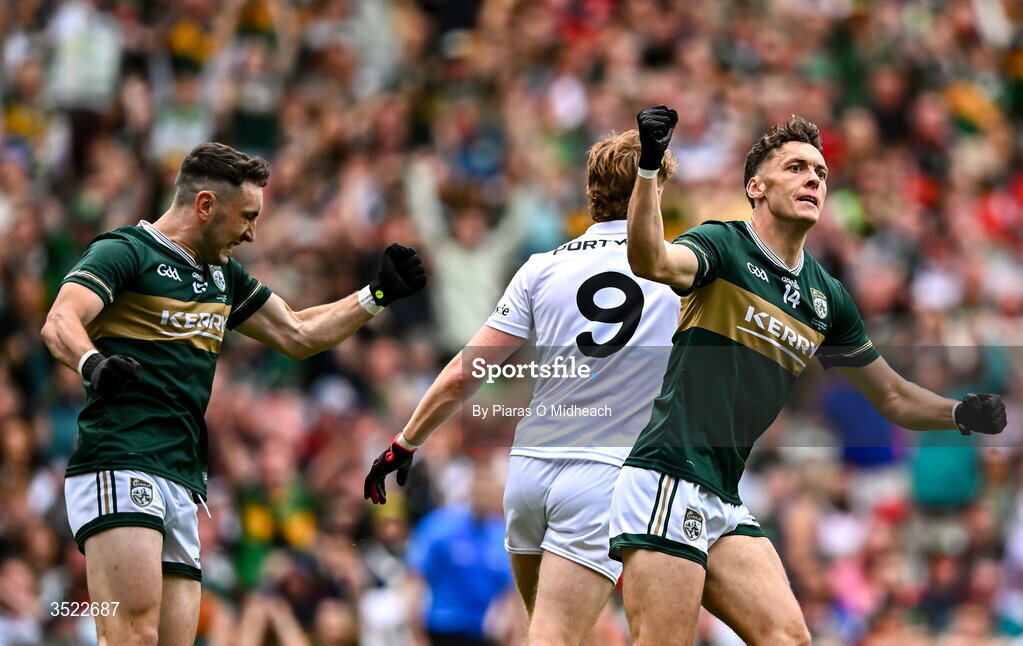 26 July 2026; David Clifford of Kerry celebrates after scoring his side's first goal during the GAA Football All-Ireland Senior Championship final match between Kerry and Mayo at Croke Park in Dublin. Photo by Piaras Ó Mídheach/Sportsfile