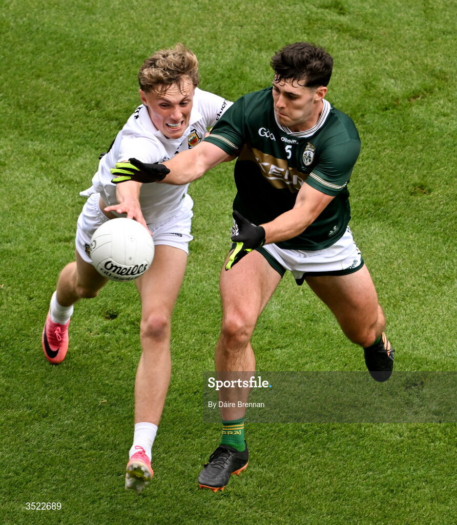 26 July 2026; Mike Breen of Kerry in action against Kobe McDonald of Mayo during the GAA Football All-Ireland Senior Championship final match between Kerry and Mayo at Croke Park in Dublin. Photo by Dáire Brennan/Sportsfile