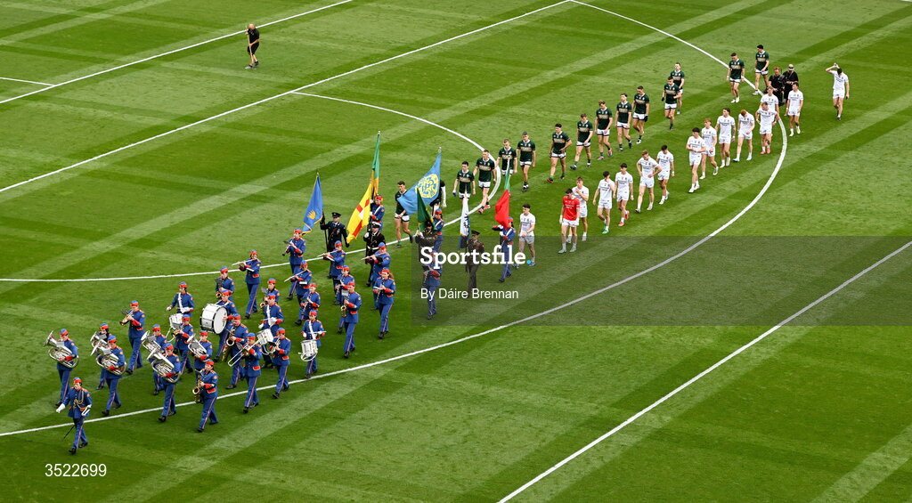 26 July 2026; The Kerry and Mayo teams parade behind the Artane School of Music Band ahead of the GAA Football All-Ireland Senior Championship final match between Kerry and Mayo at Croke Park in Dublin. Photo by Daire Brennan/Sportsfile