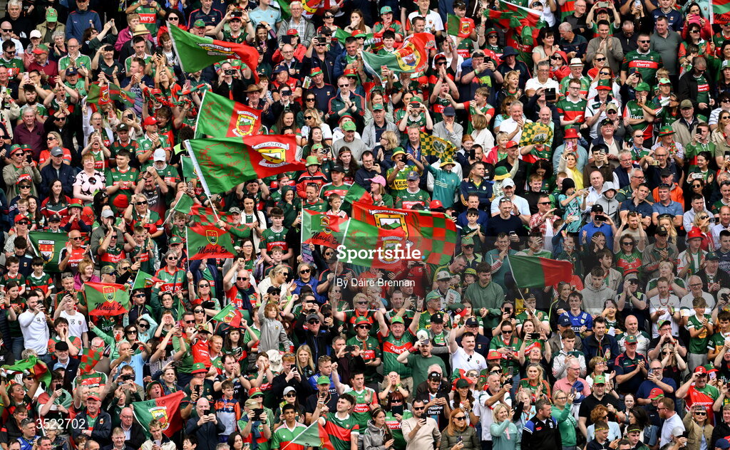 26 July 2026; Mayo supporters in the Cusack Stand cheer on their side ahead of the GAA Football All-Ireland Senior Championship final match between Kerry and Mayo at Croke Park in Dublin. Photo by Daire Brennan/Sportsfile