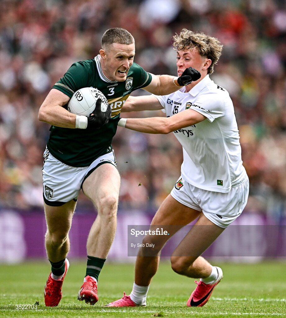 26 July 2026; Jason Foley of Kerry in action against Kobe McDonald of Mayo during the GAA Football All-Ireland Senior Championship final match between Kerry and Mayo at Croke Park in Dublin. Photo by Seb Daly/Sportsfile