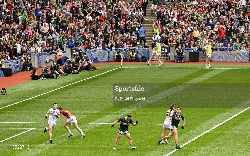 26 July 2026; David Clifford of Kerry celebrates after scoring his side's first goal during the GAA Football All-Ireland Senior Championship final match between Kerry and Mayo at Croke Park in Dublin. Photo by David Fitzgerald/Sportsfile