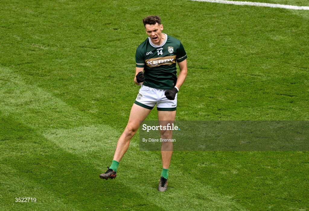 26 July 2026; David Clifford of Kerry celebrates after scoring his side's first goal during the GAA Football All-Ireland Senior Championship final match between Kerry and Mayo at Croke Park in Dublin. Photo by Daire Brennan/Sportsfile