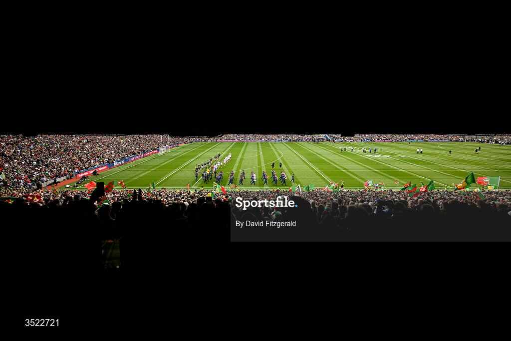 26 July 2026; Kerry players and Mayo players walk in the parade ahead of the GAA Football All-Ireland Senior Championship final match between Kerry and Mayo at Croke Park in Dublin. Photo by David Fitzgerald/Sportsfile