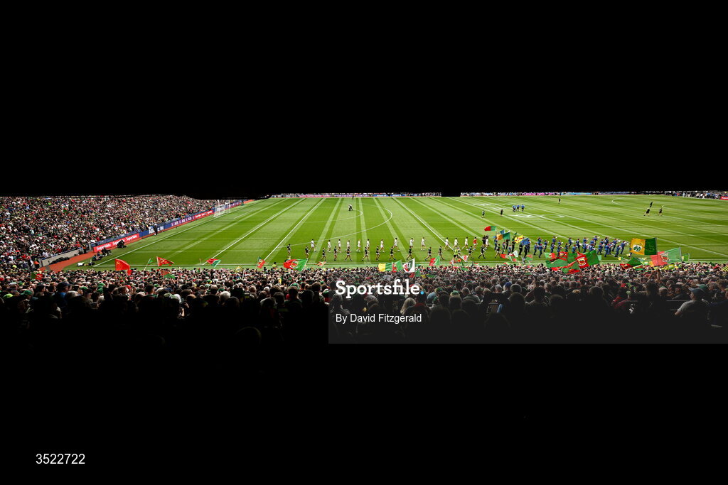 26 July 2026; Kerry players and Mayo players walk in the parade ahead of the GAA Football All-Ireland Senior Championship final match between Kerry and Mayo at Croke Park in Dublin. Photo by David Fitzgerald/Sportsfile