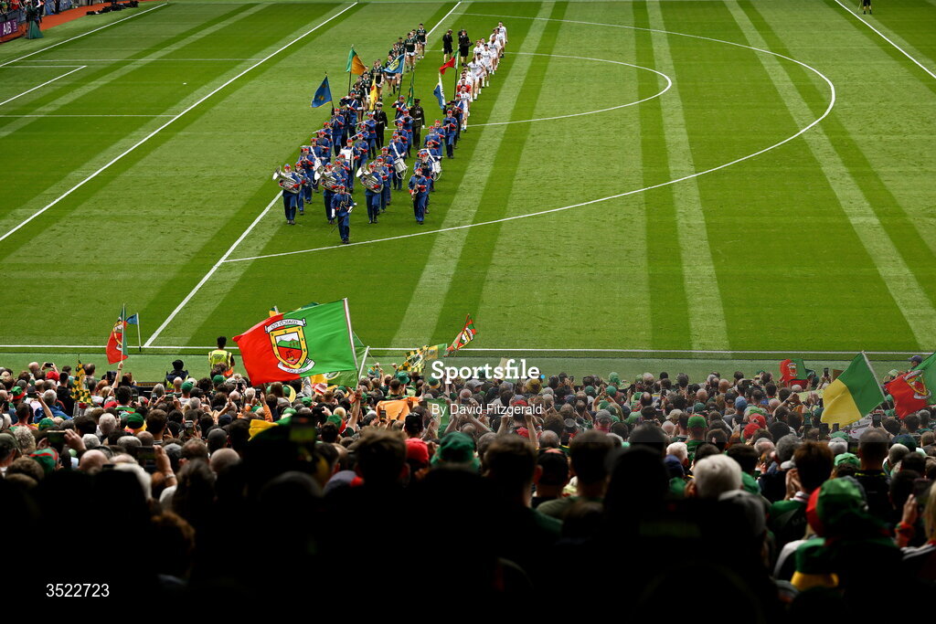 26 July 2026; Kerry players and Mayo players walk in the parade ahead of the GAA Football All-Ireland Senior Championship final match between Kerry and Mayo at Croke Park in Dublin. Photo by David Fitzgerald/Sportsfile